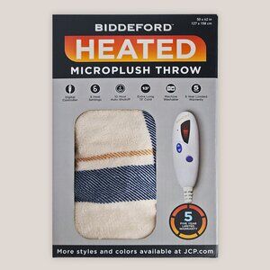 NEW Biddeford Heated Electric Microplush Blanket Throw 50x62 Plaid Blue Cream